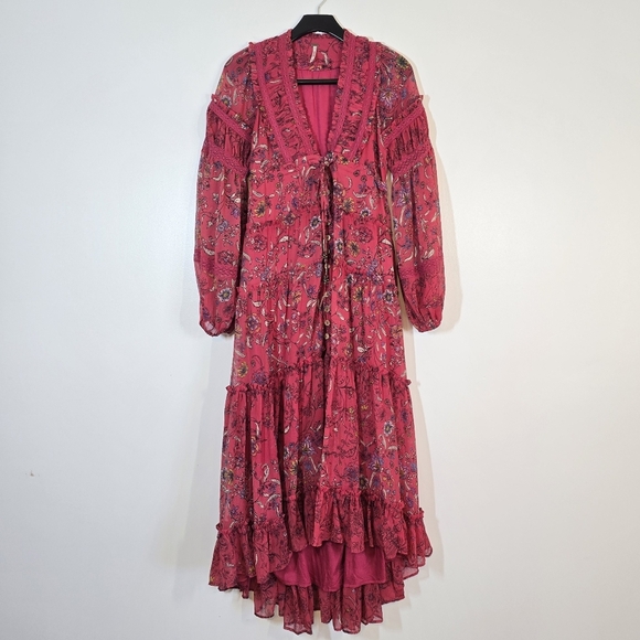 Free People Cassis Printed Chiffon Maxi Dress XS Strawberry Combo Red Pink - Picture 3 of 11